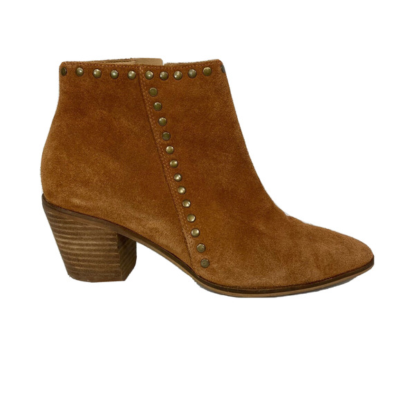 Lucky Brand Boots Womens Sz 7.5 Linnea Tan Suede Leather Gold Studded Heel Ankle - Picture 4 of 11